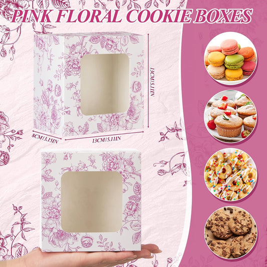 50 Pack Pink Floral Cookie Boxes with Window, Chinoiserie Small Bakery Treat Boxes for Pastry Donuts Macaroon Cupcakes, Wedding Bridal Shower Birthday Tea Party Baby Shower Favors