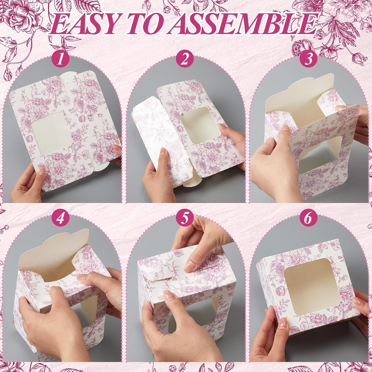 50 Pack Pink Floral Cookie Boxes with Window, Chinoiserie Small Bakery Treat Boxes for Pastry Donuts Macaroon Cupcakes, Wedding Bridal Shower Birthday Tea Party Baby Shower Favors