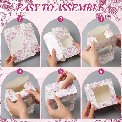 50 Pack Pink Floral Cookie Boxes with Window, Chinoiserie Small Bakery Treat Boxes for Pastry Donuts Macaroon Cupcakes, Wedding Bridal Shower Birthday Tea Party Baby Shower Favors