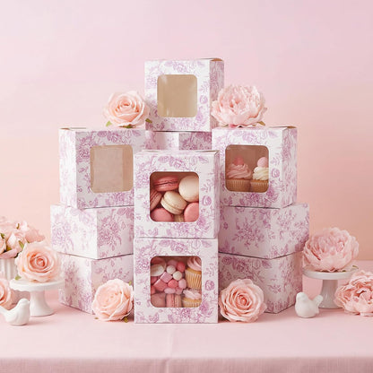 50 Pack Pink Floral Cookie Boxes with Window, Chinoiserie Small Bakery Treat Boxes for Pastry Donuts Macaroon Cupcakes, Wedding Bridal Shower Birthday Tea Party Baby Shower Favors
