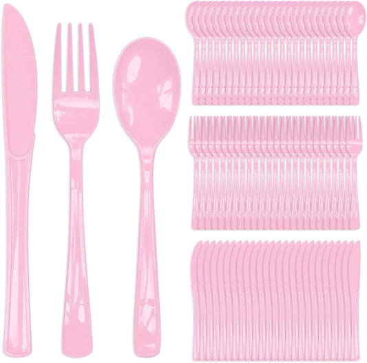 150 Pcs Light Pink Plastic Cutlery Set Disposable Pink Heavy Duty Plastic Knives Forks and Spoons Silverware Utensils Set for 50 Guests Birthday Wedding Party Disposable Flatware Sets