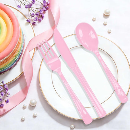 150 Pcs Light Pink Plastic Cutlery Set Disposable Pink Heavy Duty Plastic Knives Forks and Spoons Silverware Utensils Set for 50 Guests Birthday Wedding Party Disposable Flatware Sets