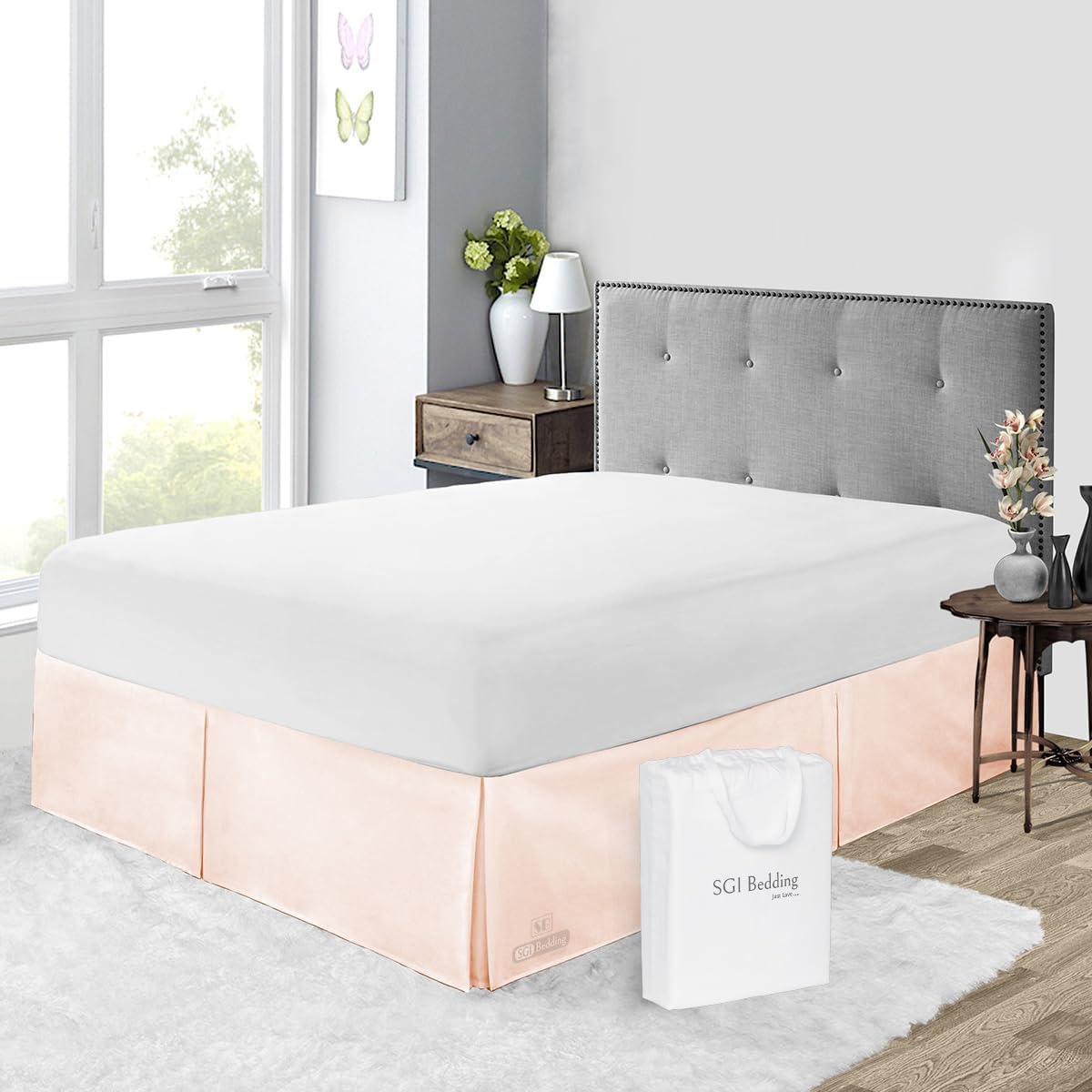 9 inch Drop Bed Skirt Full Size - Platform Style with Secure Fit, Classic Tailored Look, Elegant Pleated Style Dust Ruffle, Split Corners, Wrinkle Resistant Microfiber - Peach