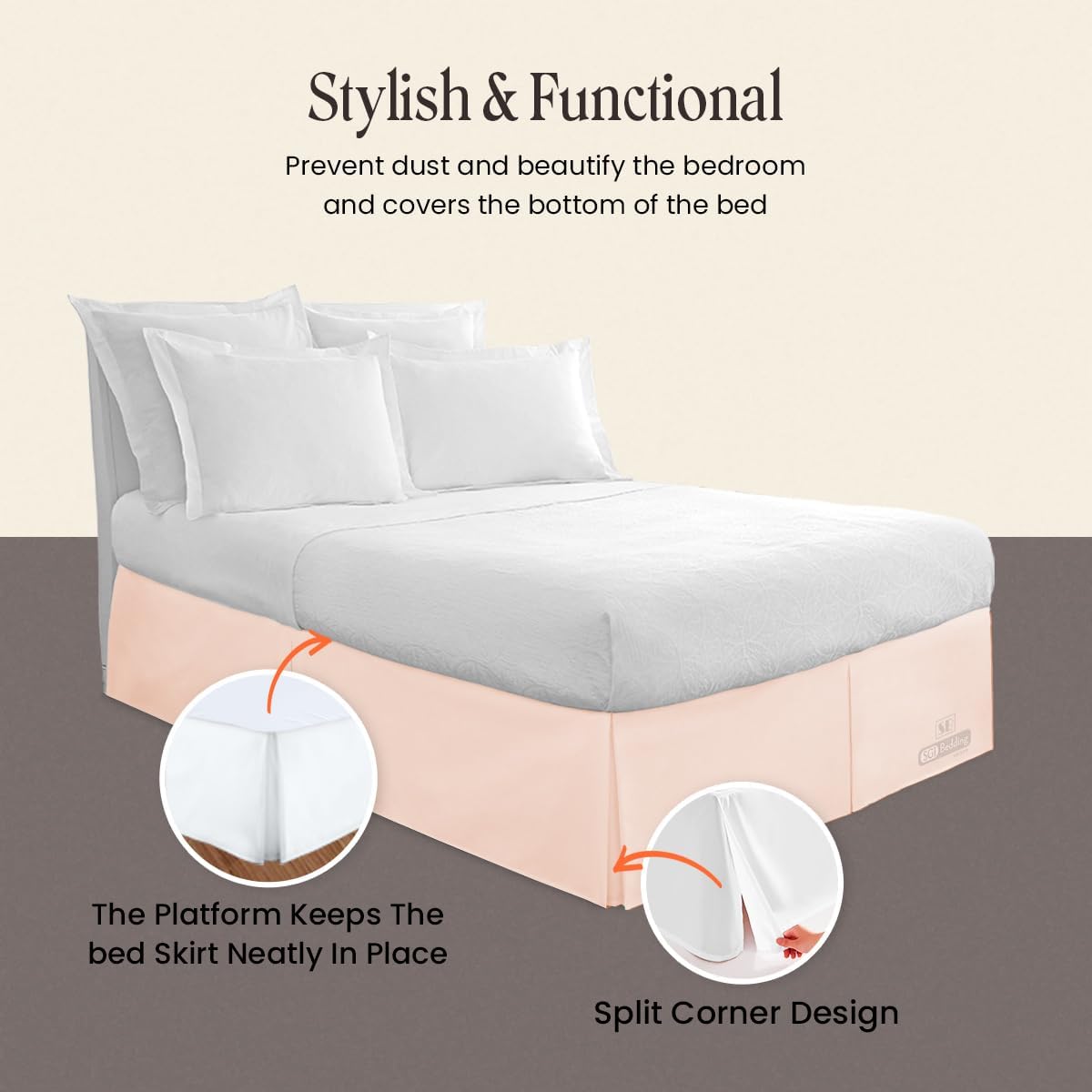 9 inch Drop Bed Skirt Full Size - Platform Style with Secure Fit, Classic Tailored Look, Elegant Pleated Style Dust Ruffle, Split Corners, Wrinkle Resistant Microfiber - Peach