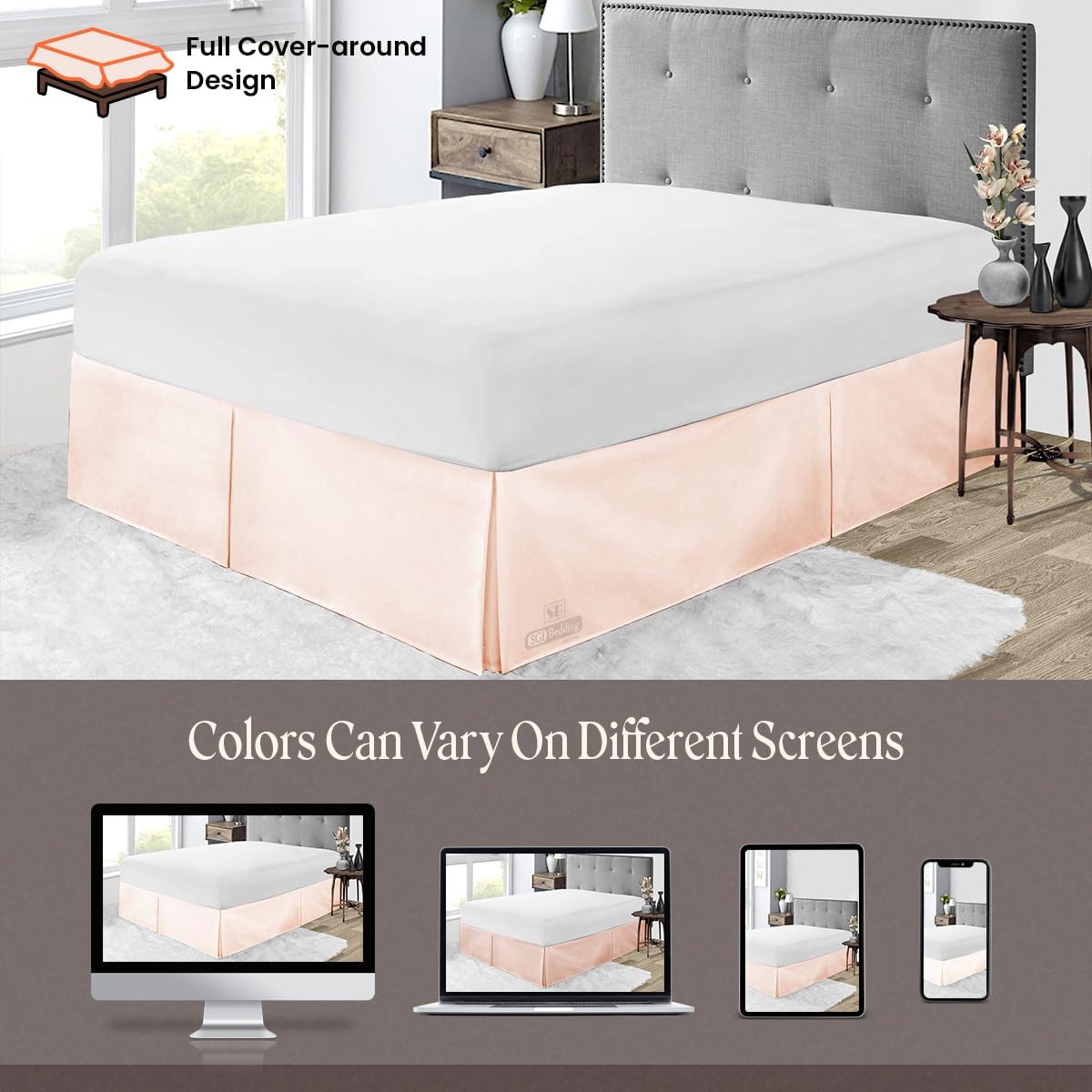 9 inch Drop Bed Skirt Full Size - Platform Style with Secure Fit, Classic Tailored Look, Elegant Pleated Style Dust Ruffle, Split Corners, Wrinkle Resistant Microfiber - Peach
