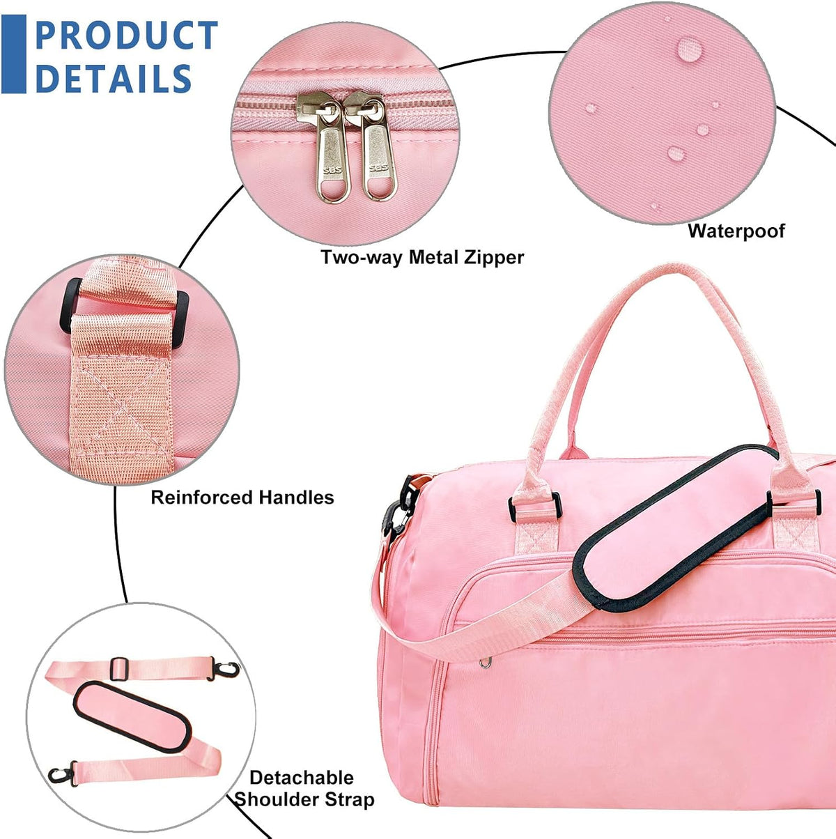 Small Gym Bag for Men & Women with Shoes & Wet Compartment Waterproof Duffle Bag for Travel Sports Workout Overnight Weekender(17.7'',Pink)