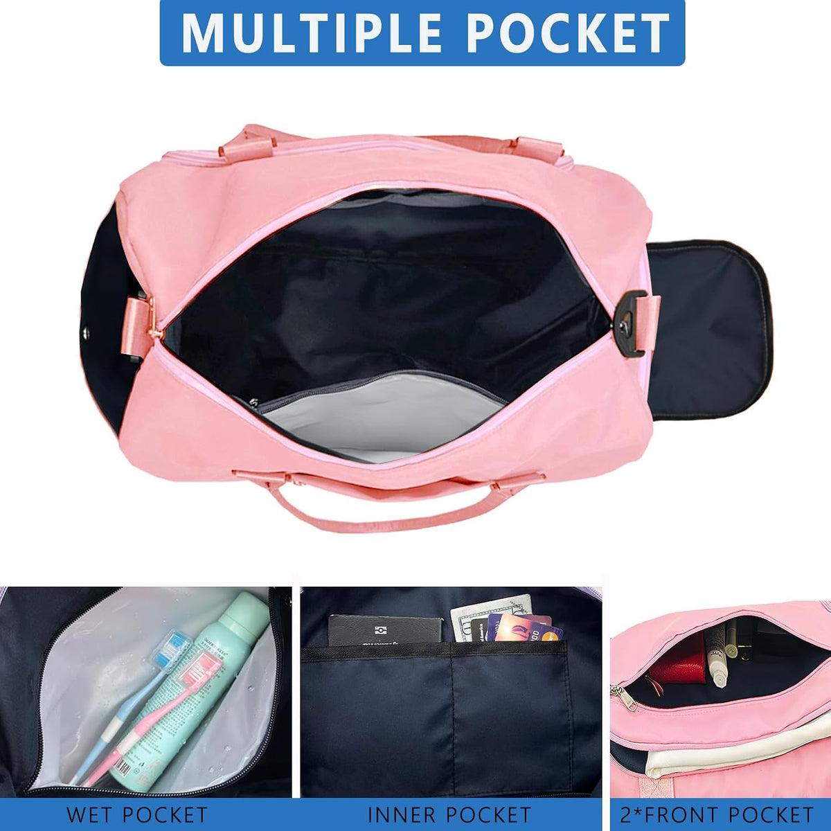 Small Gym Bag for Men & Women with Shoes & Wet Compartment Waterproof Duffle Bag for Travel Sports Workout Overnight Weekender(17.7'',Pink)