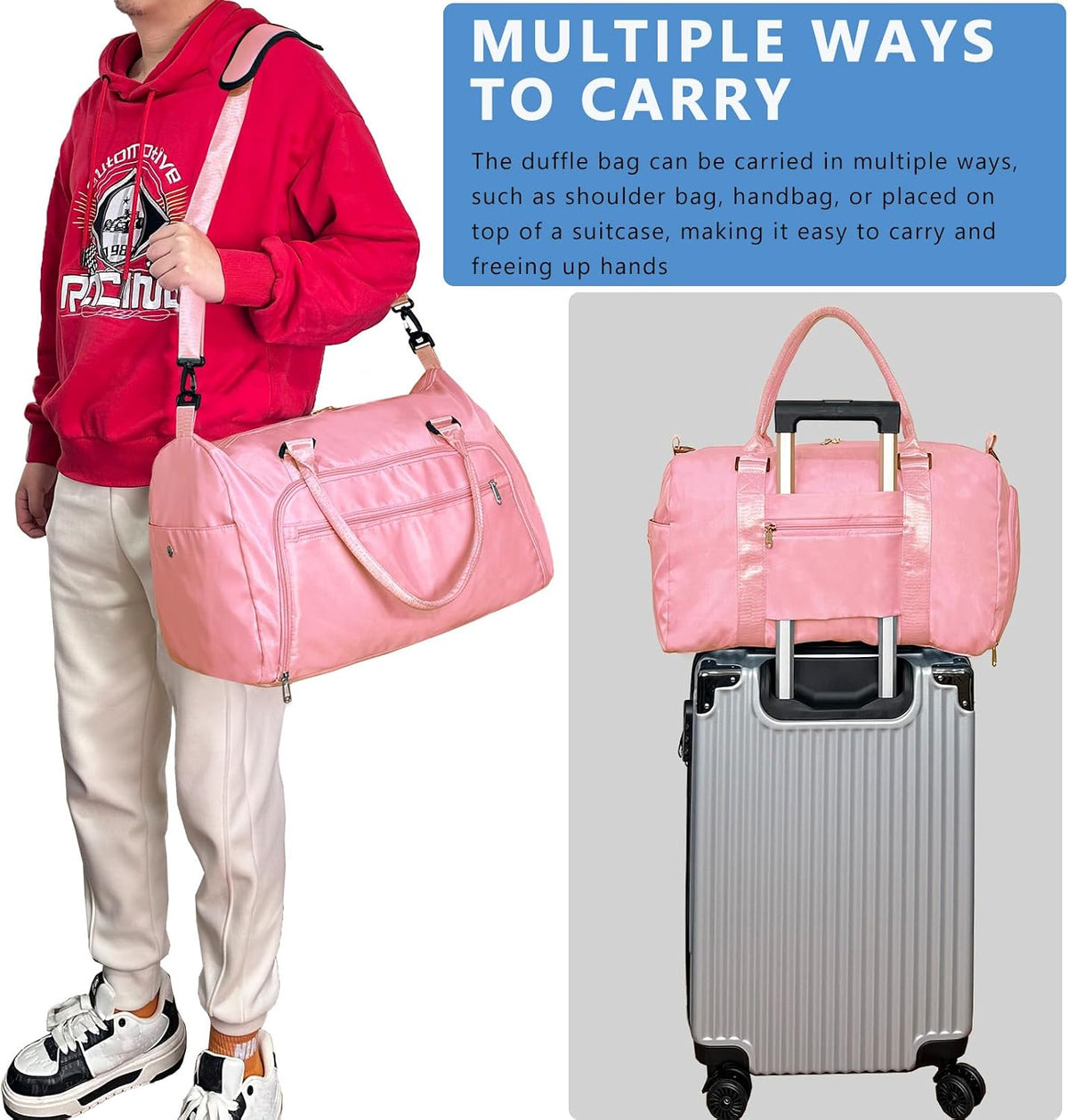 Small Gym Bag for Men & Women with Shoes & Wet Compartment Waterproof Duffle Bag for Travel Sports Workout Overnight Weekender(17.7'',Pink)
