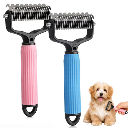 2PCS Pet Pro Grooming Tool, Dematting Comb for Dogs and Cats, Double Sided Undercoat Rake Pet Brush with 17 Teeth, Removes Tangles Knots and Loose Fur (Blue+Pink, Large)
