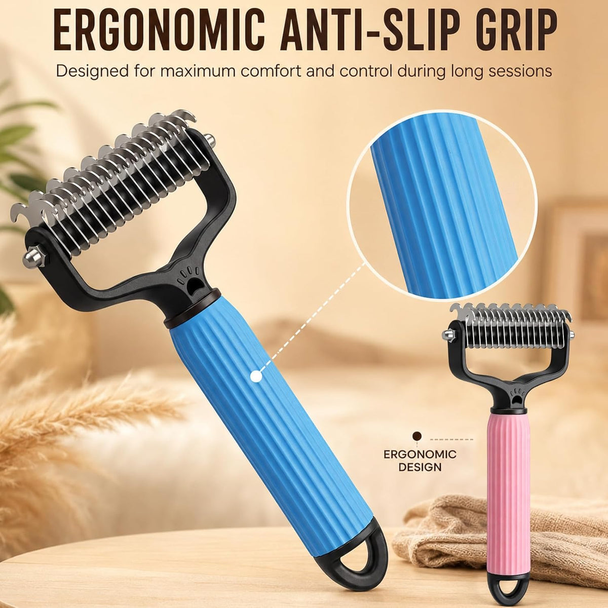 2PCS Pet Pro Grooming Tool, Dematting Comb for Dogs and Cats, Double Sided Undercoat Rake Pet Brush with 17 Teeth, Removes Tangles Knots and Loose Fur (Blue+Pink, Large)