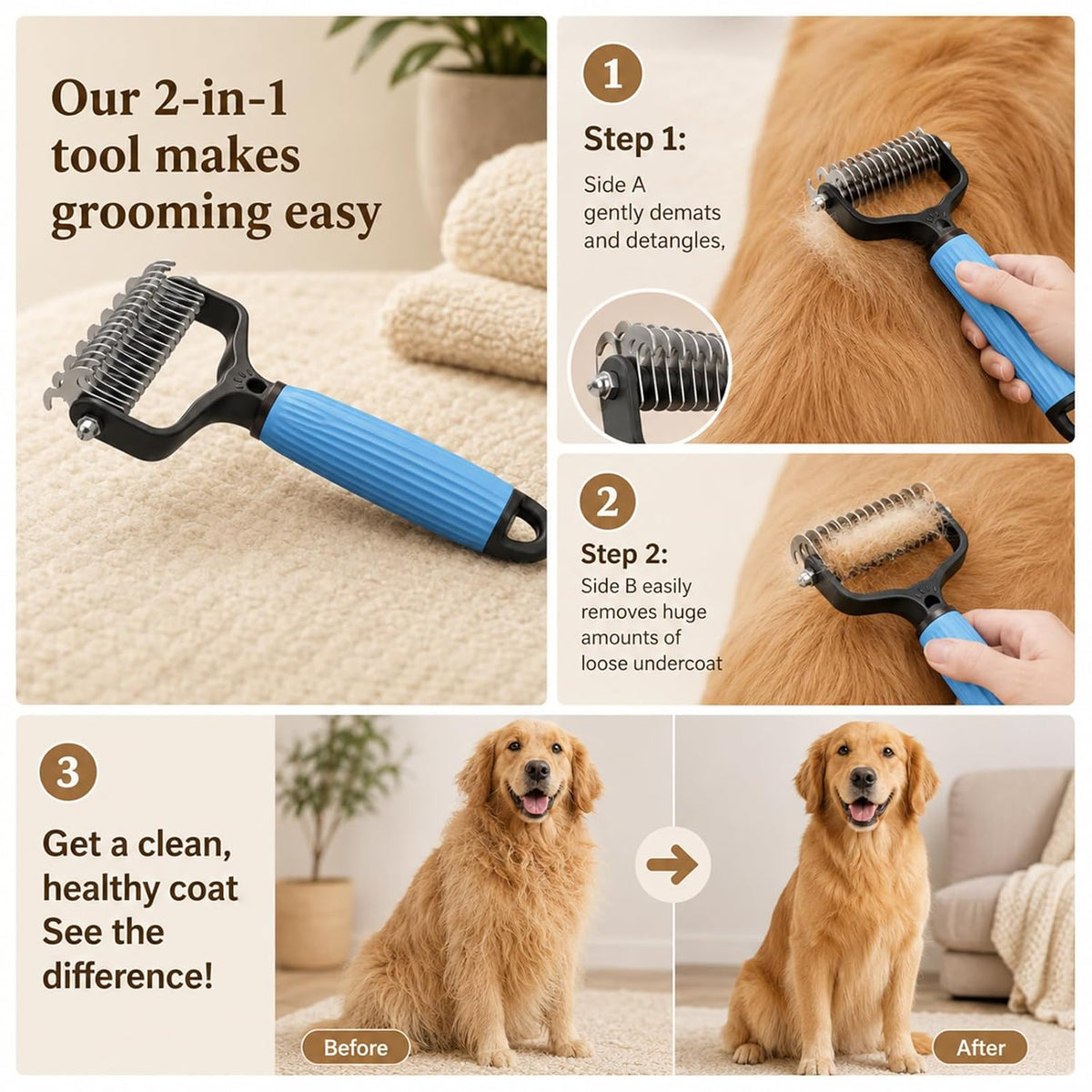 2PCS Pet Pro Grooming Tool, Dematting Comb for Dogs and Cats, Double Sided Undercoat Rake Pet Brush with 17 Teeth, Removes Tangles Knots and Loose Fur (Blue+Pink, Large)