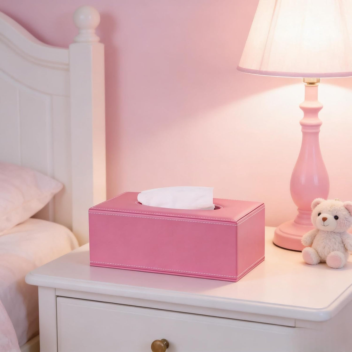 Decorative Napkin Box Faux Leather Rectangular Tissue Box Cover (Pink L)
