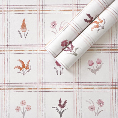 Pink Peel and Stick Wallpaper Boho Floral Wallpaper Farmhouse Plaid Contact Paper for Girl Bedroom Bathroom Wildflower Removable self Adhesive Wall Paper for Waterproof Vinyl 17.3"×78.7"
