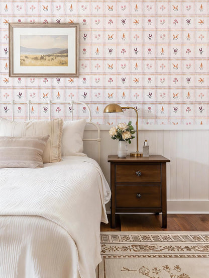 Pink Peel and Stick Wallpaper Boho Floral Wallpaper Farmhouse Plaid Contact Paper for Girl Bedroom Bathroom Wildflower Removable self Adhesive Wall Paper for Waterproof Vinyl 17.3"×78.7"