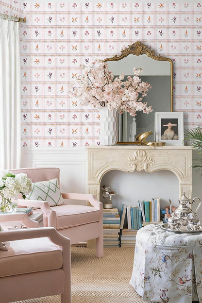 Pink Peel and Stick Wallpaper Boho Floral Wallpaper Farmhouse Plaid Contact Paper for Girl Bedroom Bathroom Wildflower Removable self Adhesive Wall Paper for Waterproof Vinyl 17.3"×78.7"