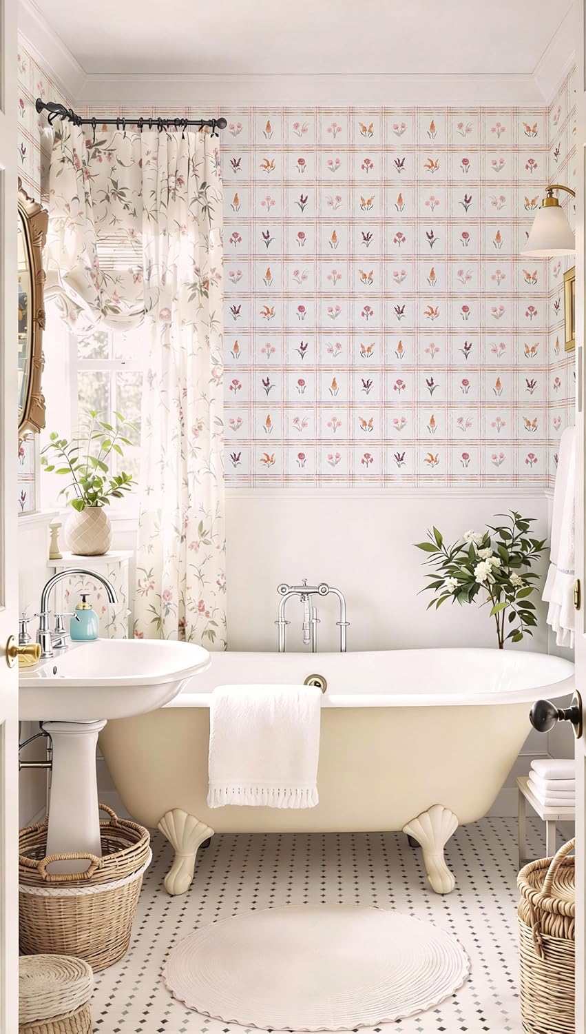 Pink Peel and Stick Wallpaper Boho Floral Wallpaper Farmhouse Plaid Contact Paper for Girl Bedroom Bathroom Wildflower Removable self Adhesive Wall Paper for Waterproof Vinyl 17.3"×78.7"