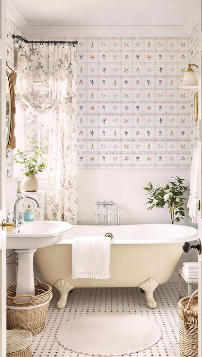 Pink Peel and Stick Wallpaper Boho Floral Wallpaper Farmhouse Plaid Contact Paper for Girl Bedroom Bathroom Wildflower Removable self Adhesive Wall Paper for Waterproof Vinyl 17.3"×78.7"