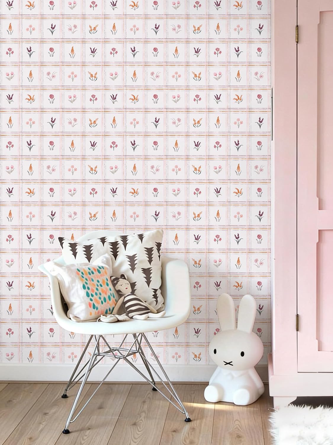 Pink Peel and Stick Wallpaper Boho Floral Wallpaper Farmhouse Plaid Contact Paper for Girl Bedroom Bathroom Wildflower Removable self Adhesive Wall Paper for Waterproof Vinyl 17.3"×78.7"