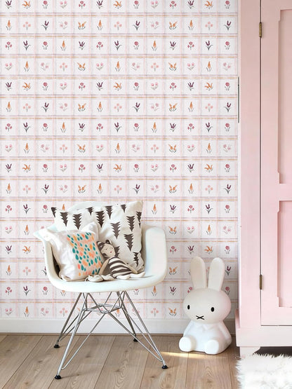 Pink Peel and Stick Wallpaper Boho Floral Wallpaper Farmhouse Plaid Contact Paper for Girl Bedroom Bathroom Wildflower Removable self Adhesive Wall Paper for Waterproof Vinyl 17.3"×78.7"