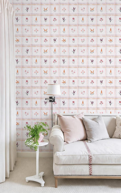 Pink Peel and Stick Wallpaper Boho Floral Wallpaper Farmhouse Plaid Contact Paper for Girl Bedroom Bathroom Wildflower Removable self Adhesive Wall Paper for Waterproof Vinyl 17.3"×78.7"