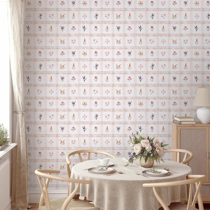 Pink Peel and Stick Wallpaper Boho Floral Wallpaper Farmhouse Plaid Contact Paper for Girl Bedroom Bathroom Wildflower Removable self Adhesive Wall Paper for Waterproof Vinyl 17.3"×78.7"