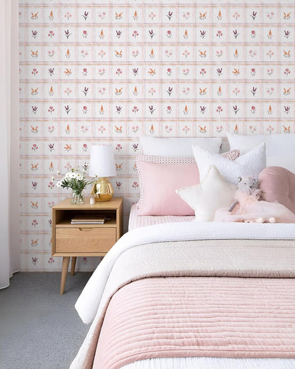 Pink Peel and Stick Wallpaper Boho Floral Wallpaper Farmhouse Plaid Contact Paper for Girl Bedroom Bathroom Wildflower Removable self Adhesive Wall Paper for Waterproof Vinyl 17.3"×78.7"