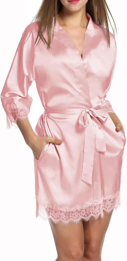 Womens Silk Robes Short Lace Trim Satin Bride Bathrobe with Pockets
