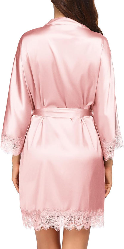 Womens Silk Robes Short Lace Trim Satin Bride Bathrobe with Pockets