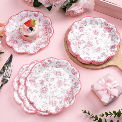 100 Pcs 7" Pink Floral Paper Plates Disposable Dessert Plates