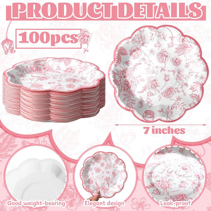 100 Pcs 7" Pink Floral Paper Plates Disposable Dessert Plates