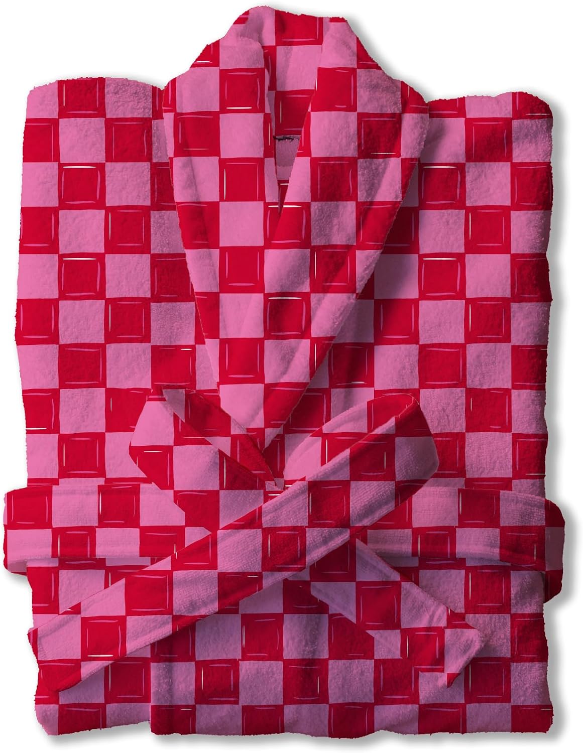 Soft Collection Women's Plush Spa Style Bathrobe – Red & Pink Checkered Pattern, Cozy Tie Waist Lounge Robe, One Size