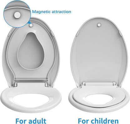 Elongated Toilet Seat, 19" Toilet Seat with Potty Training Seat for Kids, Quiet Close Hinges, Safe PP Material, Easy Install for Family Bathrooms, Pink
