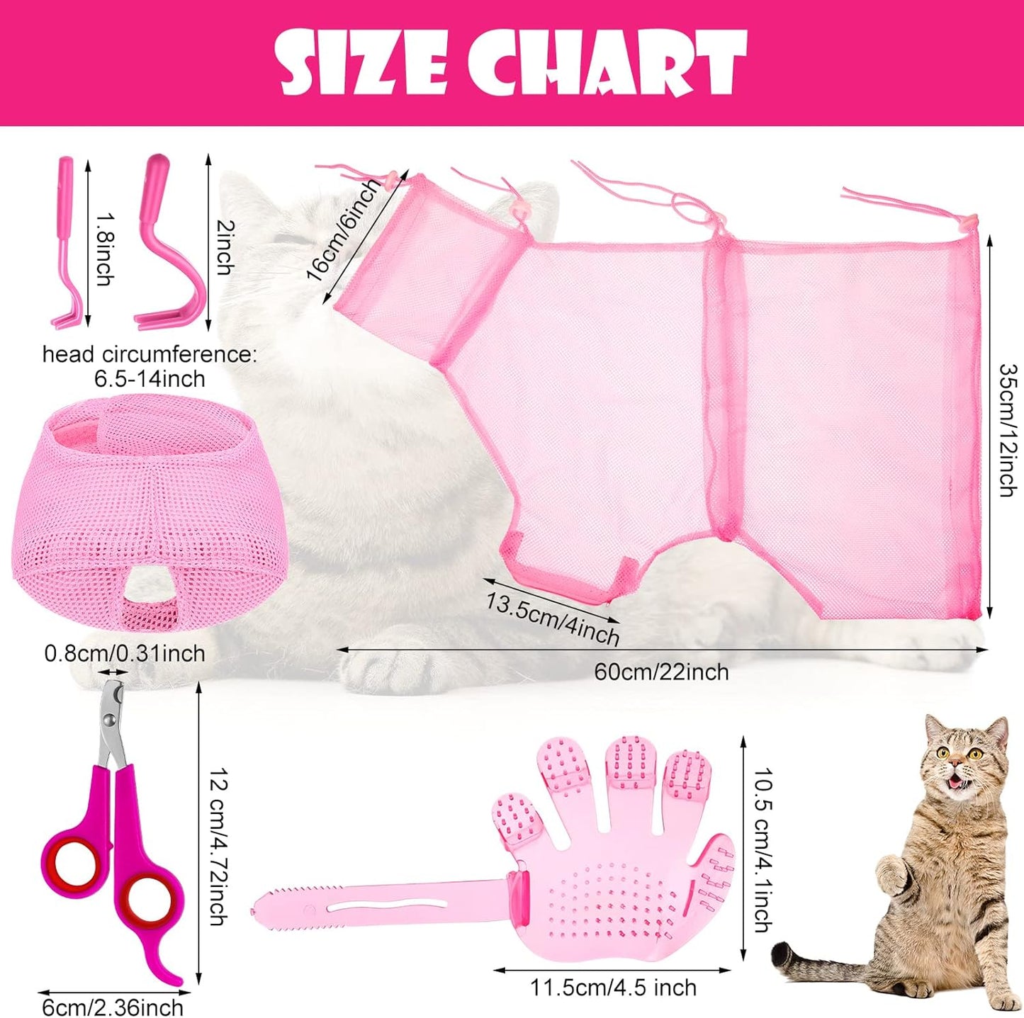 5 Pcs Cat Bathing Bag Set Cat Grooming Bag Adjustable Pet Shower Net Muzzles Nail Clipper Tick Remover Tool Massage Brush(Pink)