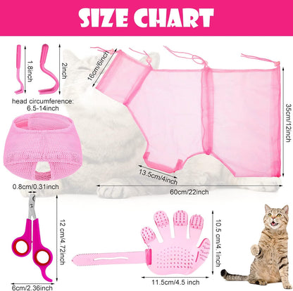 5 Pcs Cat Bathing Bag Set Cat Grooming Bag Adjustable Pet Shower Net Muzzles Nail Clipper Tick Remover Tool Massage Brush(Pink)