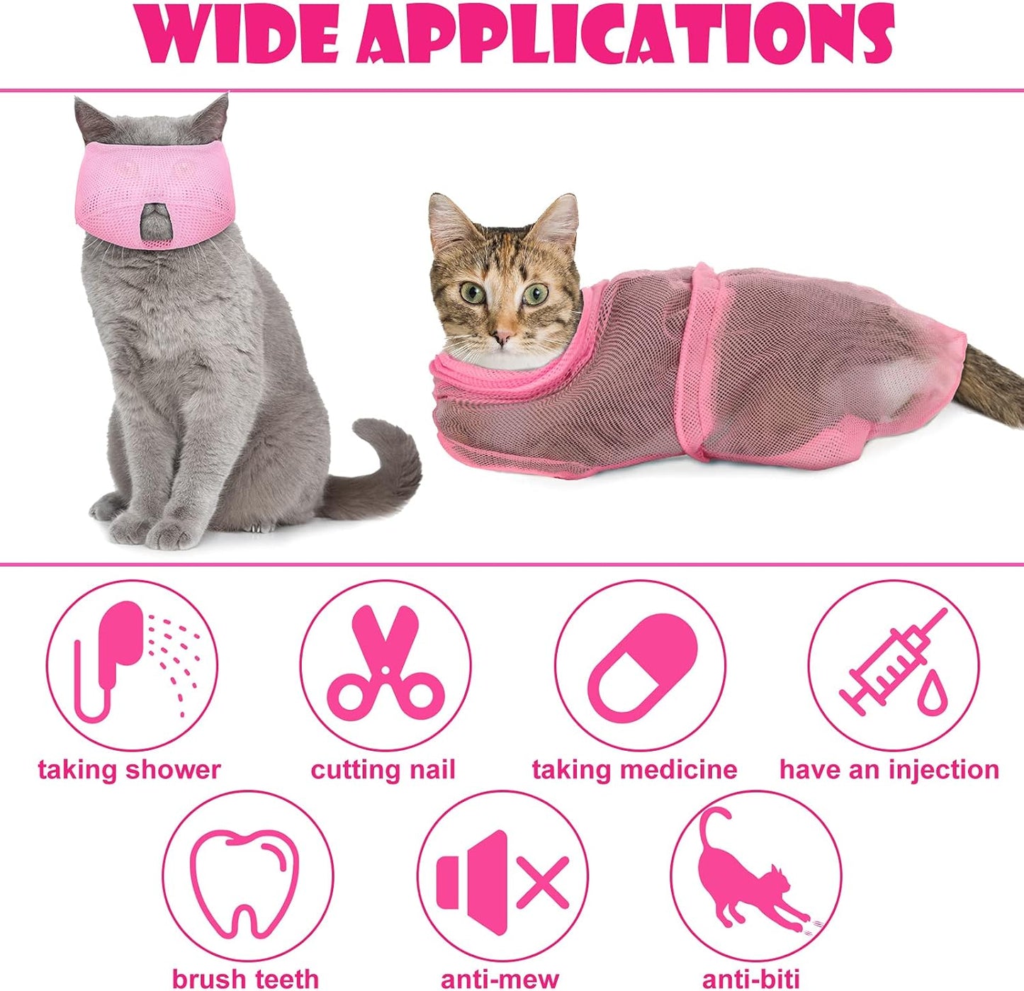 5 Pcs Cat Bathing Bag Set Cat Grooming Bag Adjustable Pet Shower Net Muzzles Nail Clipper Tick Remover Tool Massage Brush(Pink)