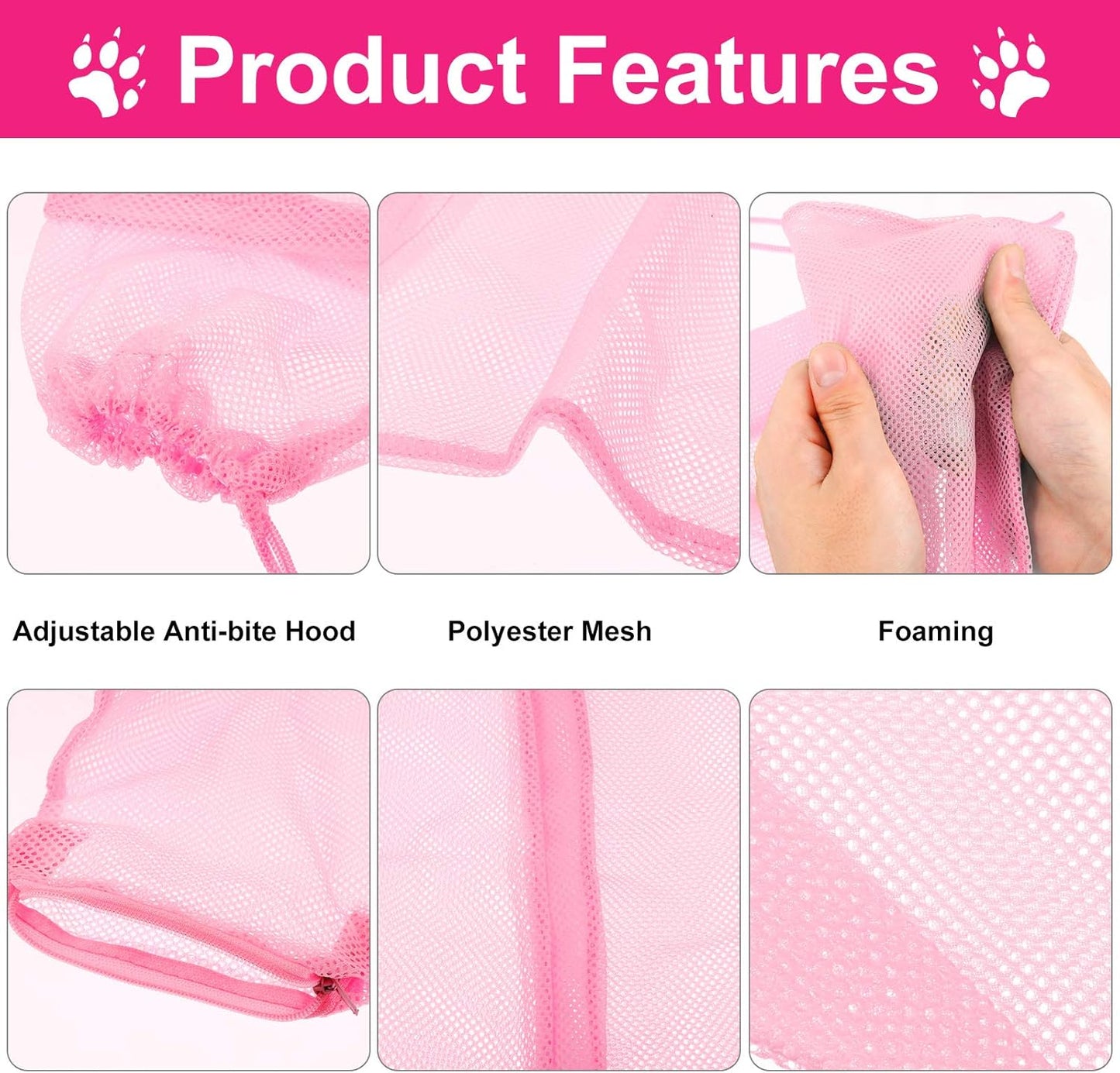 5 Pcs Cat Bathing Bag Set Cat Grooming Bag Adjustable Pet Shower Net Muzzles Nail Clipper Tick Remover Tool Massage Brush(Pink)