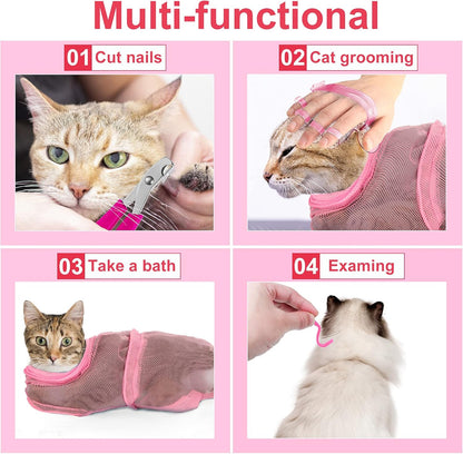 5 Pcs Cat Bathing Bag Set Cat Grooming Bag Adjustable Pet Shower Net Muzzles Nail Clipper Tick Remover Tool Massage Brush(Pink)