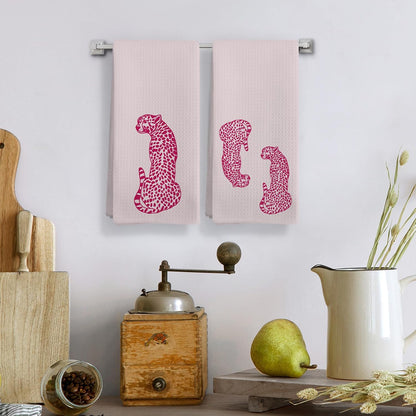 Preppy Pink Leopard Kitchen Towels, Hot Pink Cheetah Kitchen Towel Decorative Set of 2, Preppy Bathroom Decor,Checkered Towels for Bathroom,Trendy Leopard Hand Dish Tea Towel for Kitchen 16X24