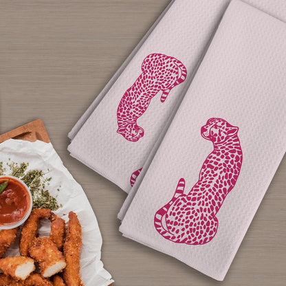 Preppy Pink Leopard Kitchen Towels, Hot Pink Cheetah Kitchen Towel Decorative Set of 2, Preppy Bathroom Decor,Checkered Towels for Bathroom,Trendy Leopard Hand Dish Tea Towel for Kitchen 16X24