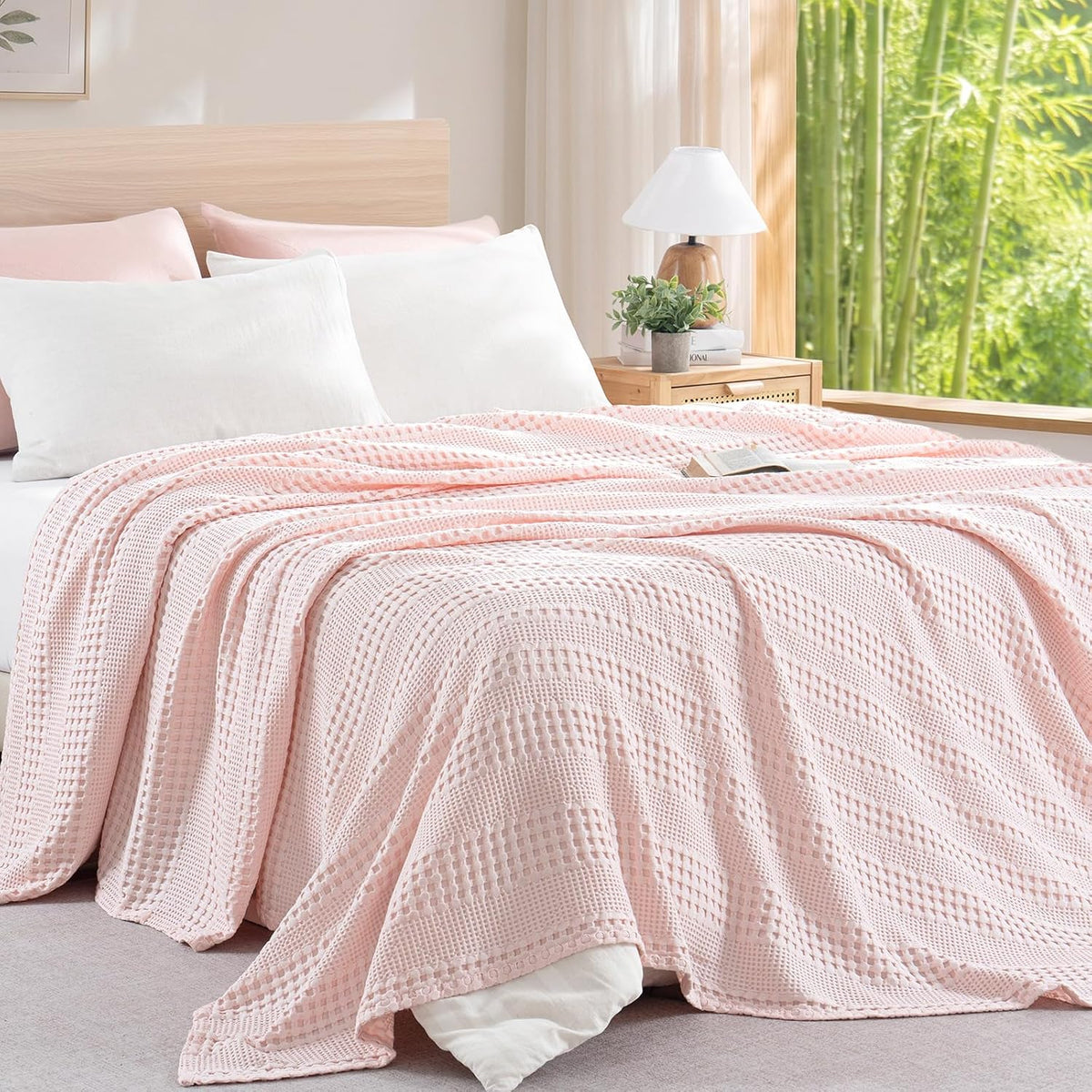 Cooling Waffle Blanket for Hot Sleepers Queen Size, 90"x90", Pink