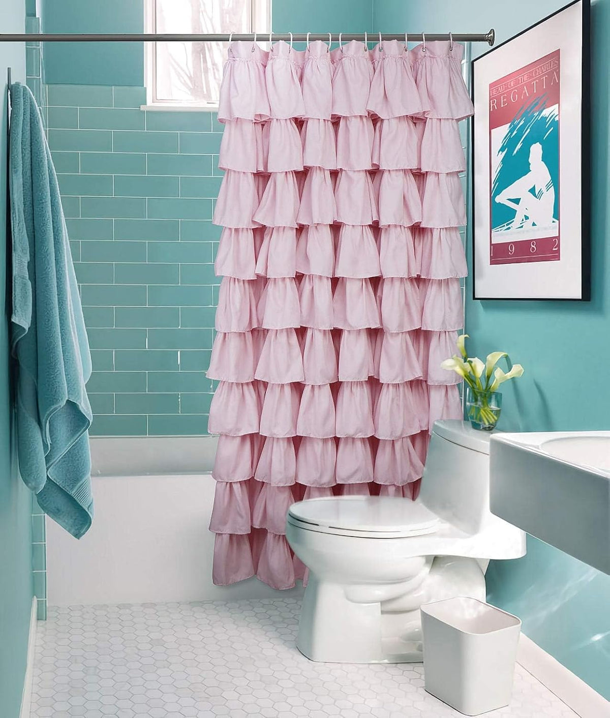 Volens Pink Ruffle Shower Curtain Farmhouse Rustic Fabric Cloth Shower Curtains for Bathroom, 72" x 72"