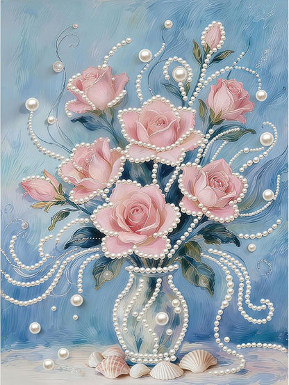 DIY Pink Flower Pearl Painting Art with Frame 12x16in Handmade Diamond Mosaic Kit Big Gem Art Wall Decor for Living Room Bedroom Thoughtful Birthday Holiday Gift for Adults Beginners
