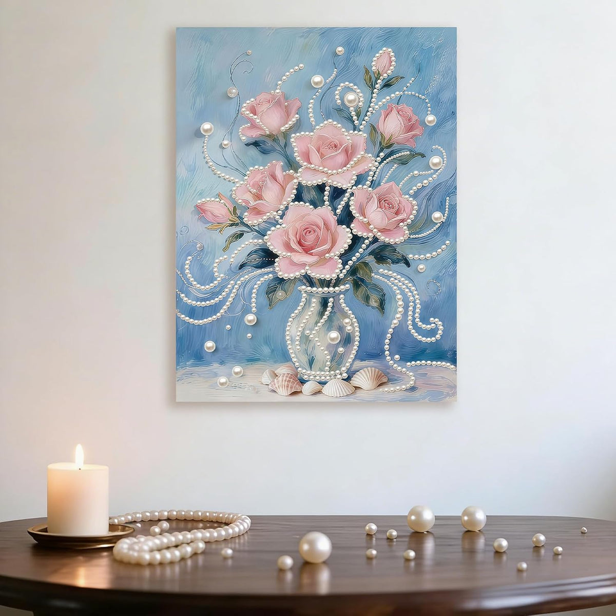 DIY Pink Flower Pearl Painting Art with Frame 12x16in Handmade Diamond Mosaic Kit Big Gem Art Wall Decor for Living Room Bedroom Thoughtful Birthday Holiday Gift for Adults Beginners