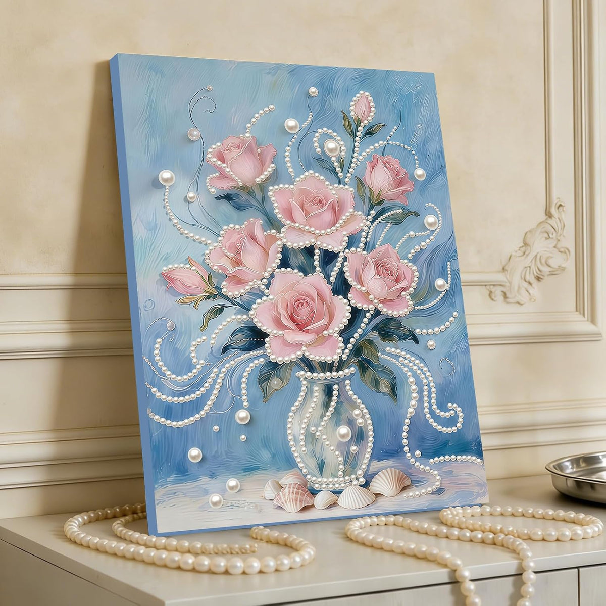 DIY Pink Flower Pearl Painting Art with Frame 12x16in Handmade Diamond Mosaic Kit Big Gem Art Wall Decor for Living Room Bedroom Thoughtful Birthday Holiday Gift for Adults Beginners