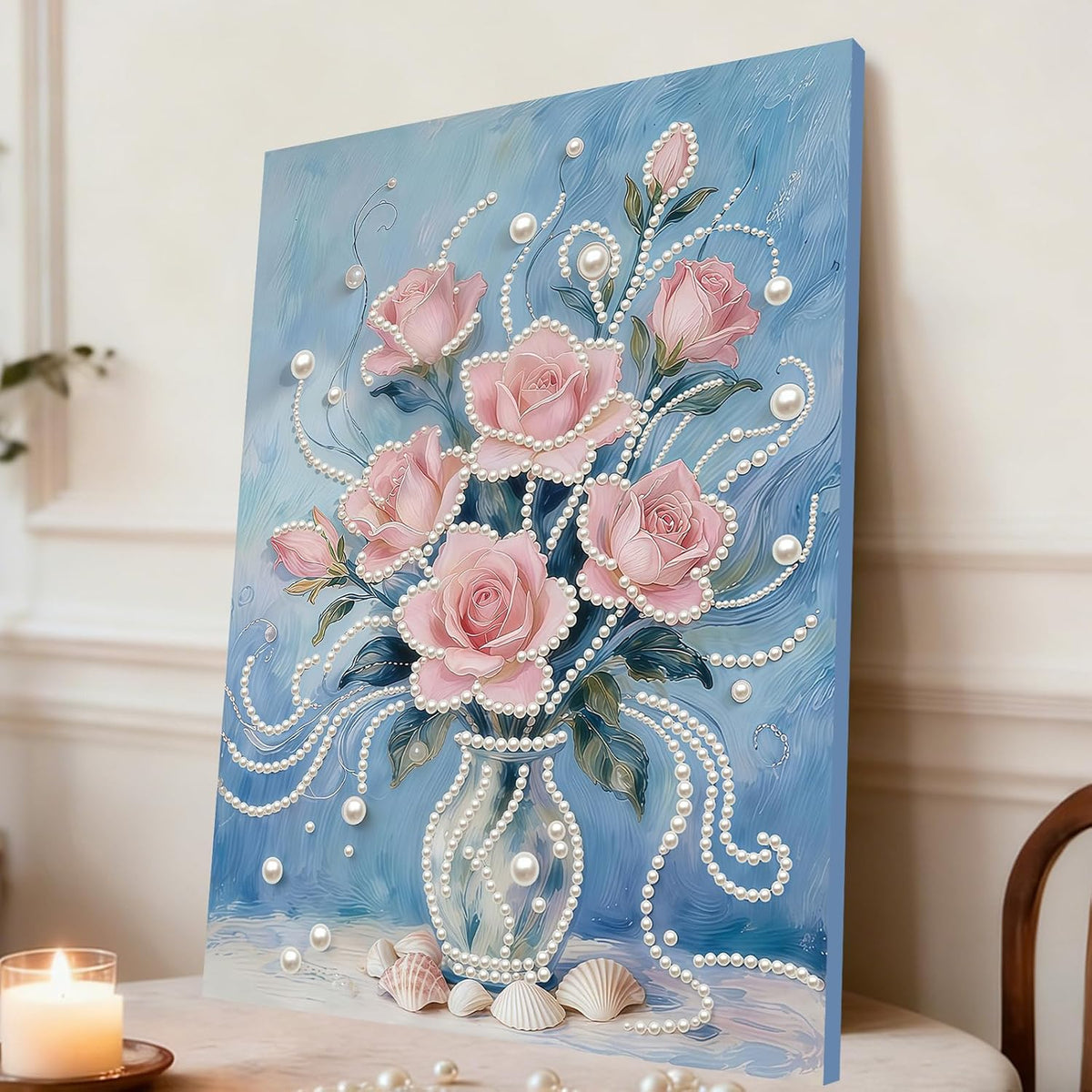 DIY Pink Flower Pearl Painting Art with Frame 12x16in Handmade Diamond Mosaic Kit Big Gem Art Wall Decor for Living Room Bedroom Thoughtful Birthday Holiday Gift for Adults Beginners