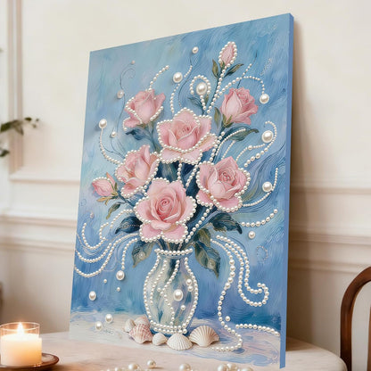 DIY Pink Flower Pearl Painting Art with Frame 12x16in Handmade Diamond Mosaic Kit Big Gem Art Wall Decor for Living Room Bedroom Thoughtful Birthday Holiday Gift for Adults Beginners