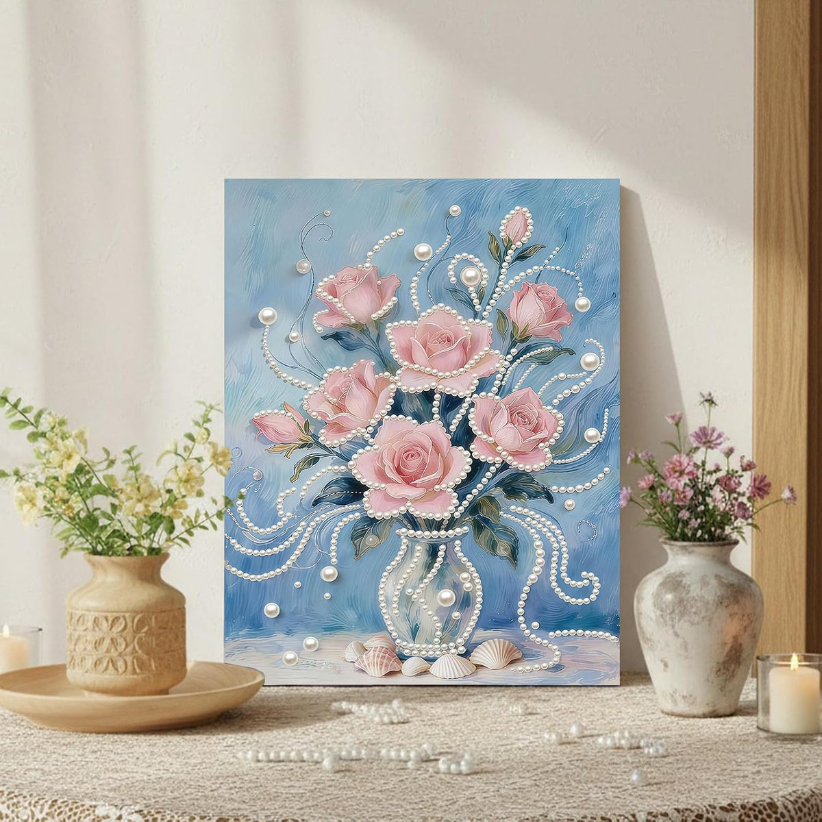 DIY Pink Flower Pearl Painting Art with Frame 12x16in Handmade Diamond Mosaic Kit Big Gem Art Wall Decor for Living Room Bedroom Thoughtful Birthday Holiday Gift for Adults Beginners