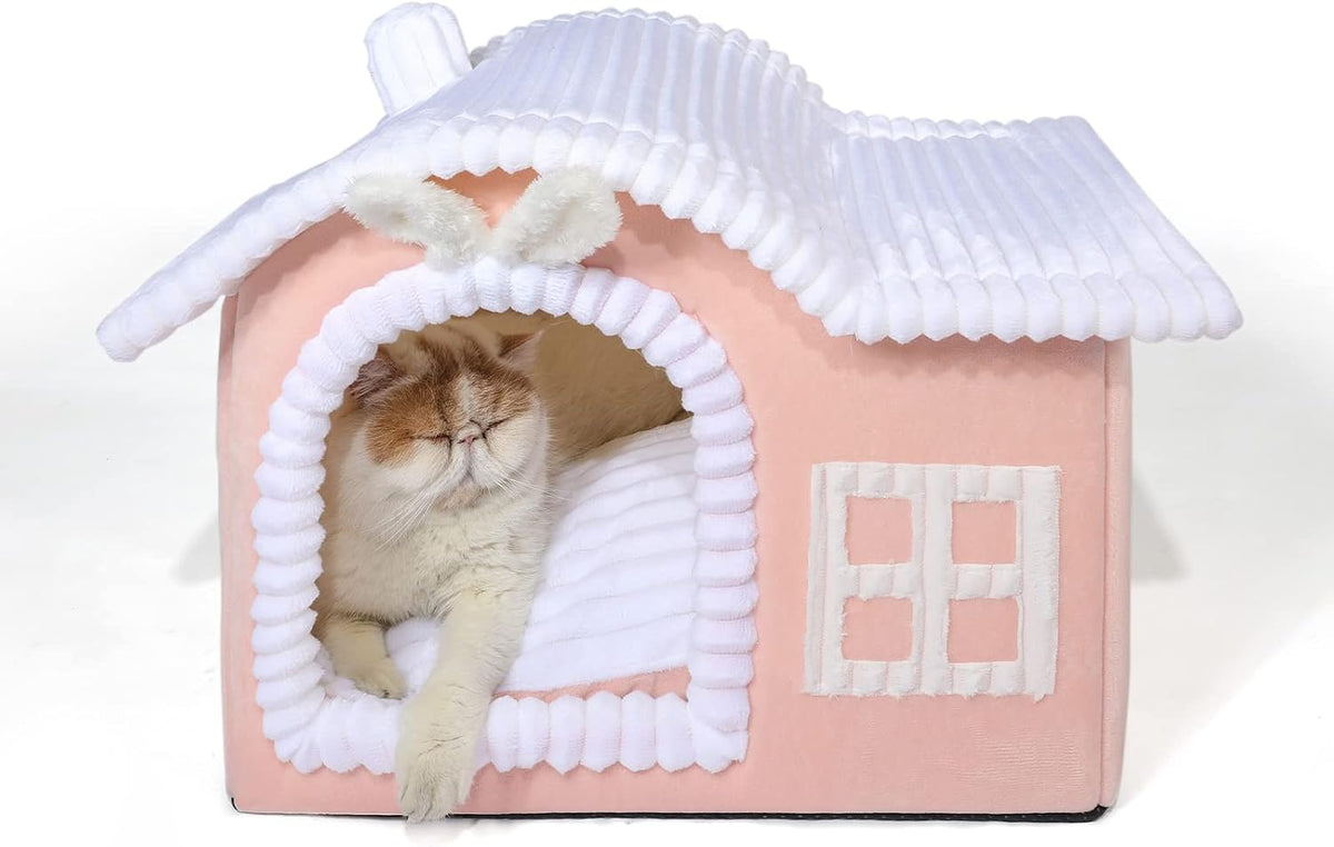 Rabbit Cat House for Indoor Cats, Cute Covered Cat Bed with Spacious Interior, Pet Cave Bed Up to 3-15 Lbs Kitten, Pink