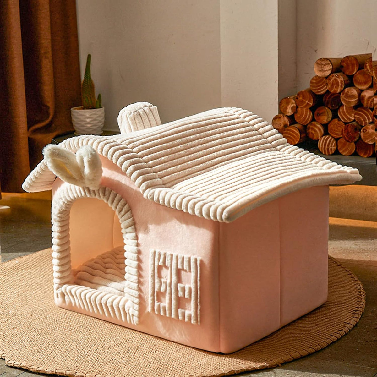 Rabbit Cat House for Indoor Cats, Cute Covered Cat Bed with Spacious Interior, Pet Cave Bed Up to 3-15 Lbs Kitten, Pink