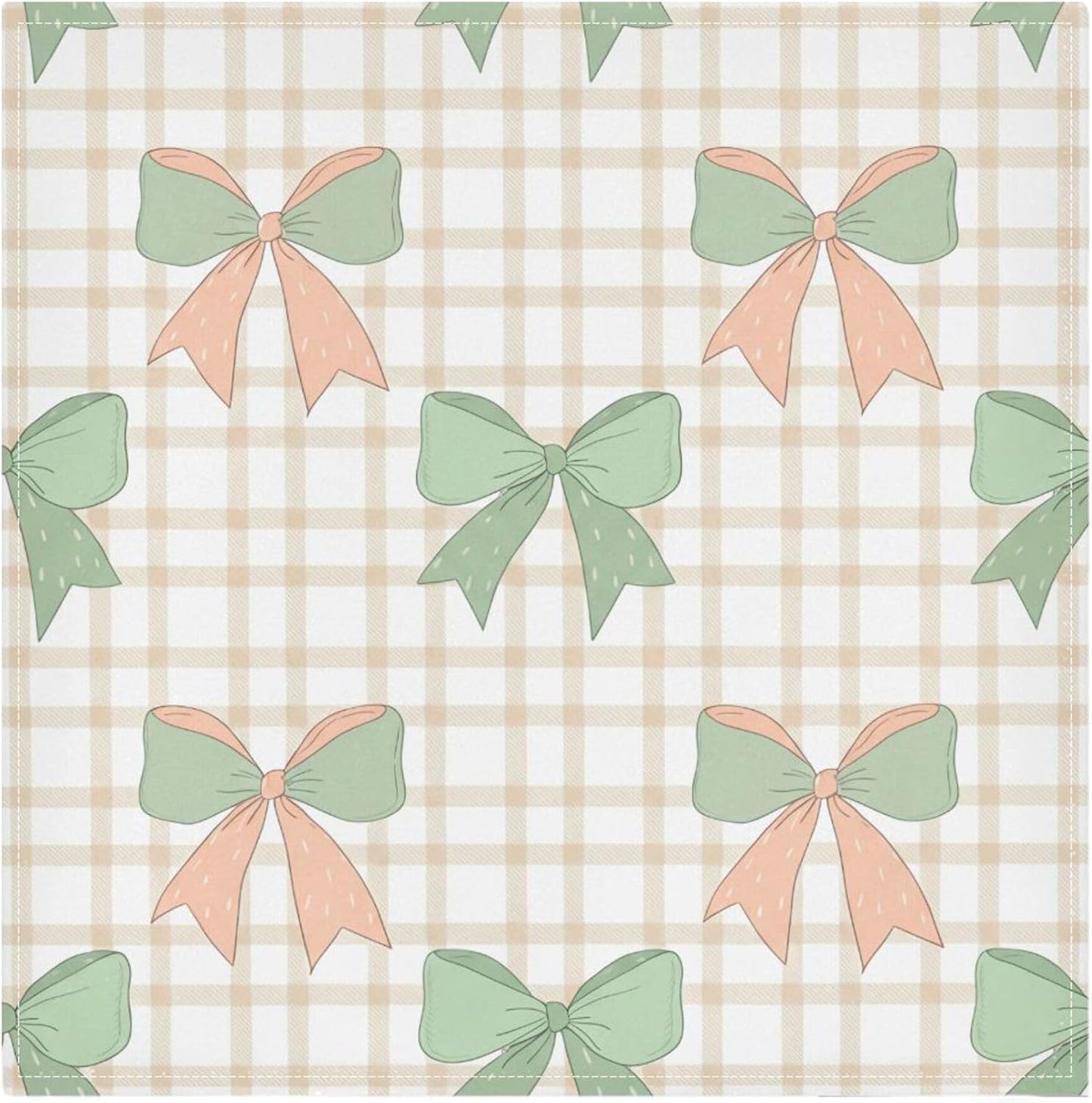 Kigai Cloth Napkins Set of 6 Green Peach Bows on Checkered Dinner Napkins 20x20 in, Washable & Reusable Fabric Table Napkin for Dining Parties Holiday, Eco-Friendly